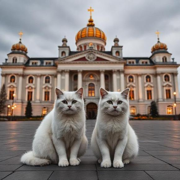 Две белые кошки сидят перед величественным собором с темными куполами; символ поиска дома во Владимире и области на naydikoshku.me