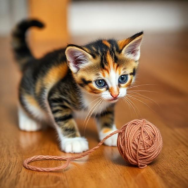 Черепаховый котёнок играет с клубком