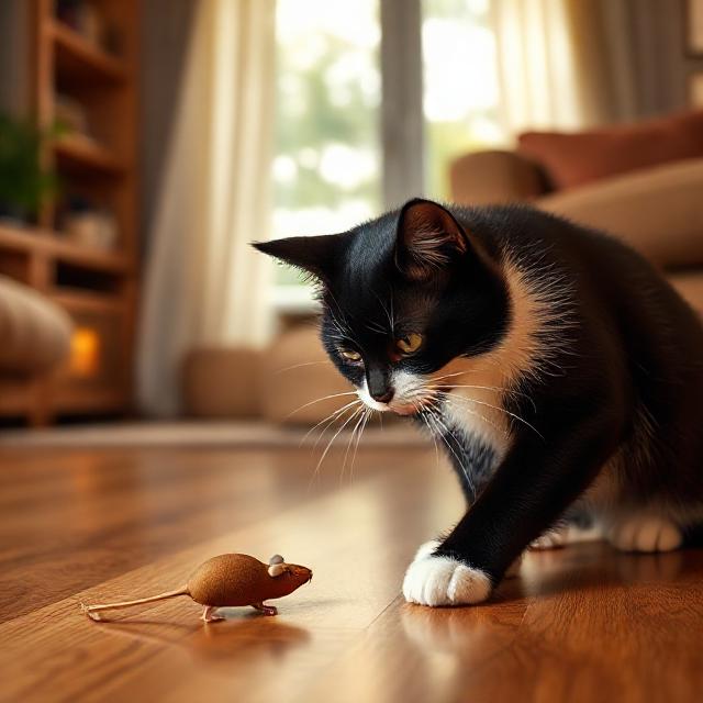 кошки в новом доме — чёрно-белая играет с мышкой