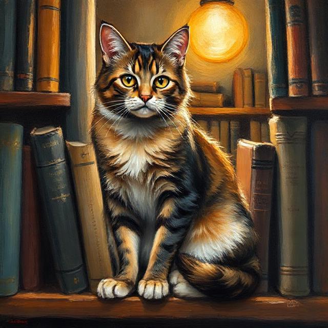 Картина маслом кота, сидящего на книжной полке среди книг