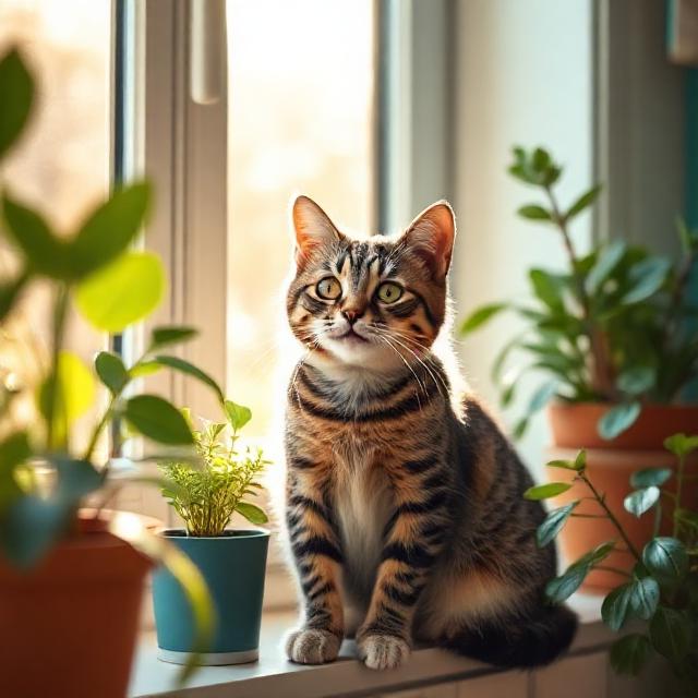 кошки в новом доме — табби у окна с растениями