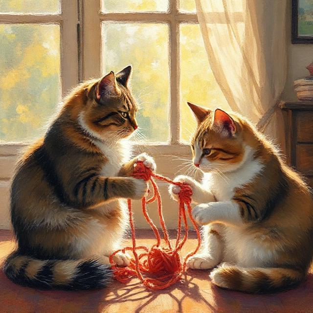 Картина маслом двух кошек, играющих с пряжей в залитой солнцем комнате