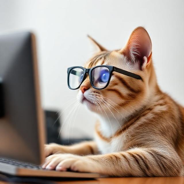 Кошка с очками у компьютера — обучающие статьи