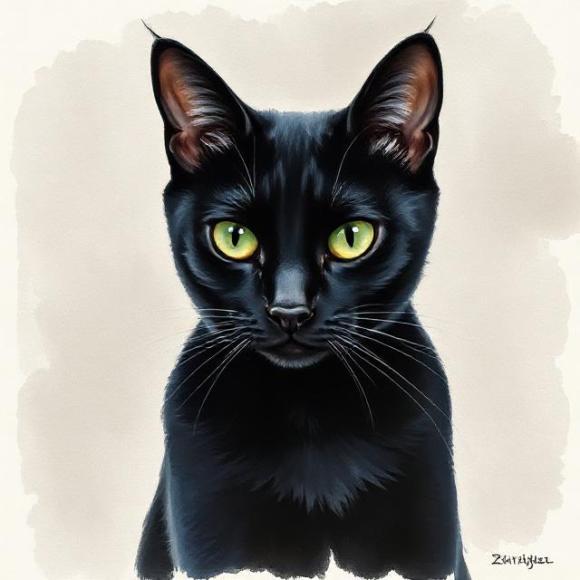 Крупный план: черный кот с яркими зелёными глазами и мудрым взглядом.
