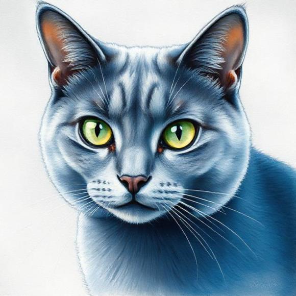 Выразительный портрет голубой кошки с глубоким взглядом, западающим в самое сердце.