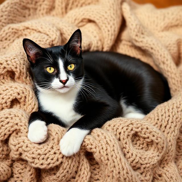 Чёрно‑белая кошка (tuxedo) на пледе