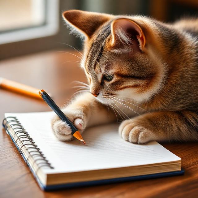 Кошка пишет в блокноте — творческие статьи о кошках
