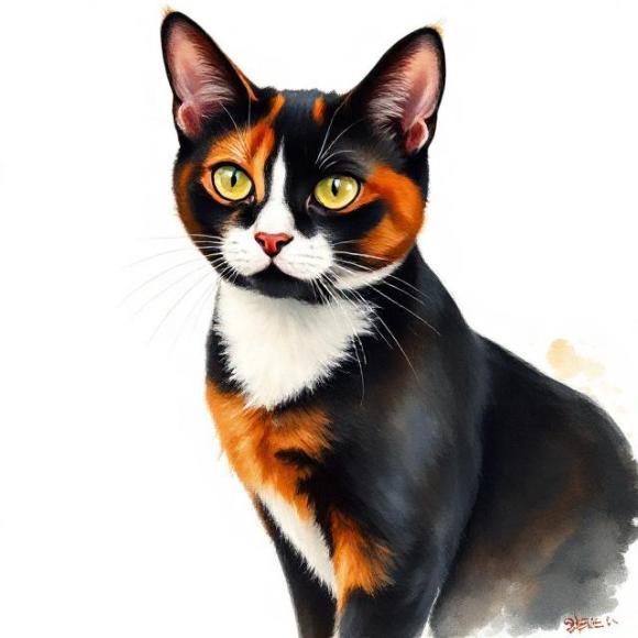 Рисунок гуашью: загадочная кошка Клеопатра внимательно наблюдает за порядком.