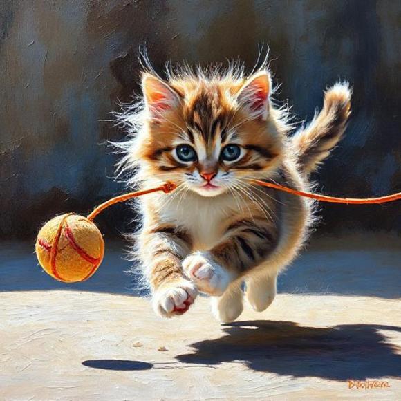 Картина маслом кота, бегущего за игрушкой.