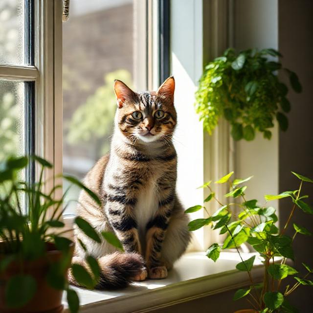 Полосатая кошка на подоконнике среди растений