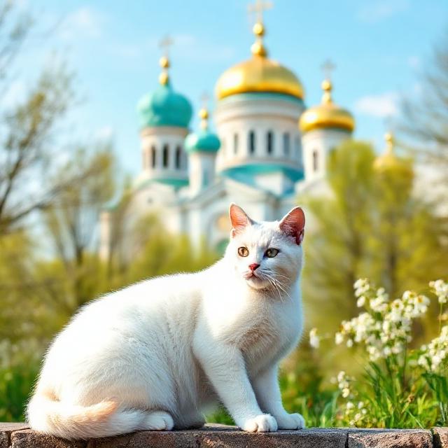 Photorealistic white cat near the Assumption Cathedral of Smolensk (Uspensky Cathedral) with turquoise and golden domes in the background, spring greenery, soft pastel colors with teal accents, 3:2 landscape, cohesive series for website footer banner, high resolution.