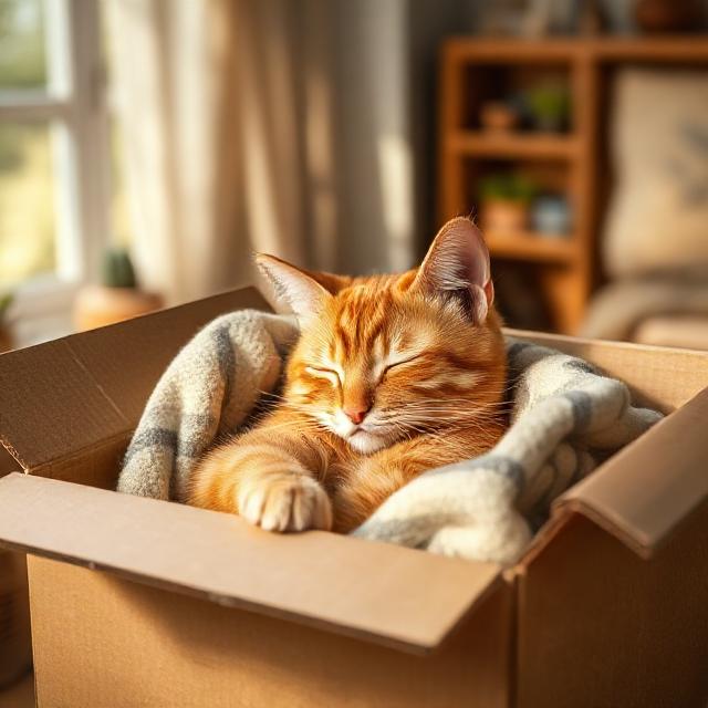 кошки в новом доме — рыжий спит в коробке с пледом