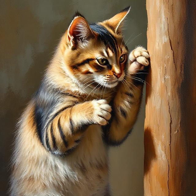 Картина маслом кота, точущего когти на когтеточке.