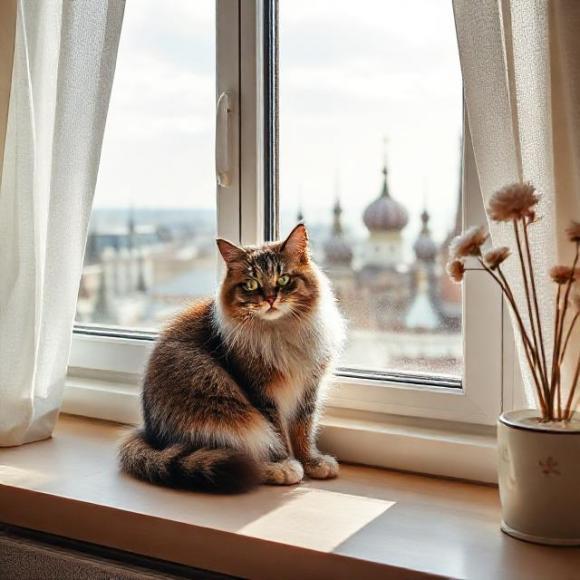 Кошка на светлом подоконнике на фоне золотых куполов московского храма, кошки в добрые руки