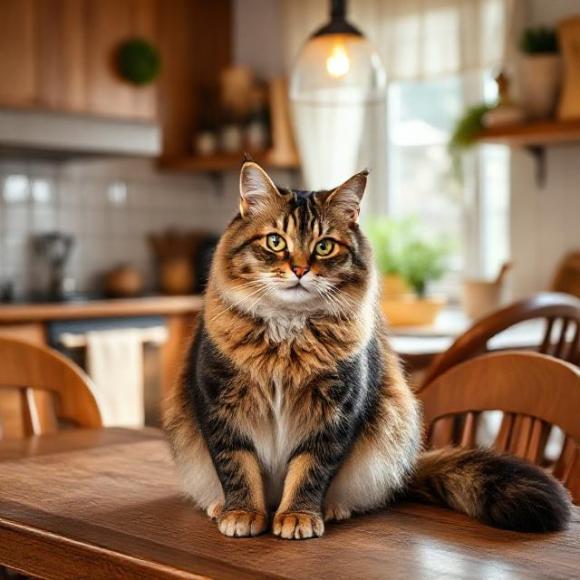 Пушистый полосатый кот окраса табби на деревянном столе в уютной кухне; символ поиска дома кошкам в добрые руки в Смоленске и области на naydikoshku.me