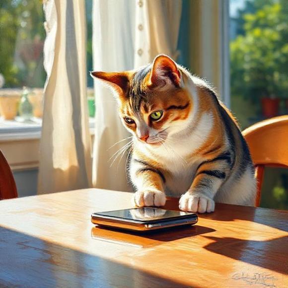 Картина маслом: кошка калико внимательно смотрит на смартфон, ожидая сообщения; символ страницы контактов naydikoshku.me, приглашающий к общению и помощи кошкам