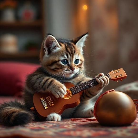 Полосатый котенок, играющий на маленькой гитаре — творческий символ поиска дома кошкам в добрые руки в Санкт-Петербурге на naydikoshku.me
