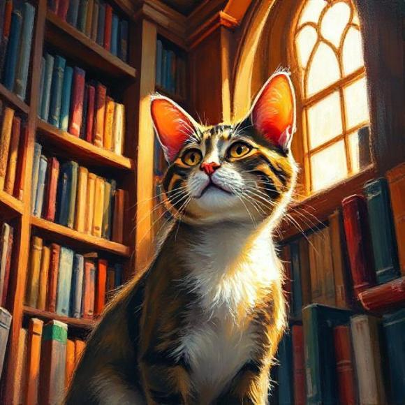 Картина маслом: любознательный кот в лучах света среди книжных полок библиотеки; символ раздела полезных статей и советов экспертов на naydikoshku.me