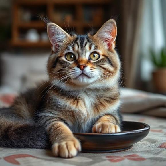 Полосатый котенок табби, заглядывающий в пустую миску; символ поиска дома кошкам в добрые руки в Ленинградской области на naydikoshku.me