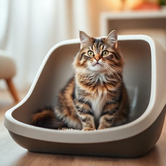 Домашняя кошка в лотке с наполнителем — иллюстрация к статье о лотках и наполнителях