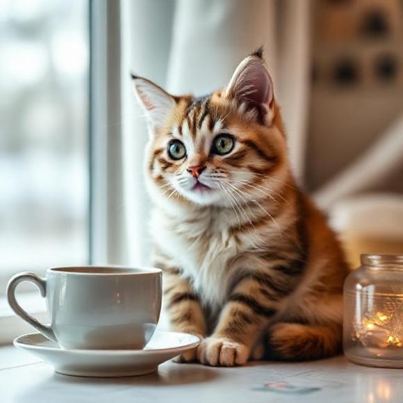 Полосатый котёнок греется у окна рядом с чашкой горячего чая; символ поиска дома кошкам в добрые руки в Свердловской области на naydikoshku.me
