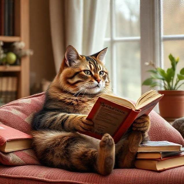 Ученый кот с книгой в теплом домашнем интерьере; символ поиска дома кошкам в добрые руки в Москве на naydikoshku.me