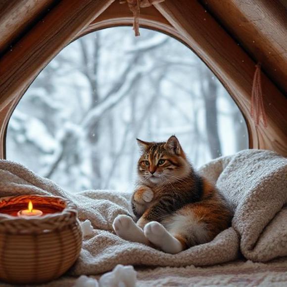 Уютная трехцветная кошка калико в мягком домике у окна со свечой с видом на снег; символ поиска дома кошкам в добрые руки в Челябинске на naydikoshku.me