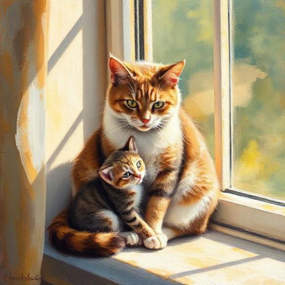 Кошка-мама с котёнком на подоконнике; символ страницы безопасности и антифрод-политики проекта naydikoshku.me