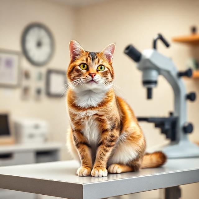 Кошка на приёме у ветеринара рядом с микроскопом — иллюстрация к статье о коронавирусе кошек и ФИП