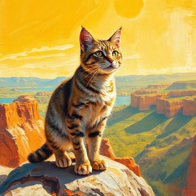 Картина маслом: величественный кот на вершине скалы всматривается в даль; символ навигации и карты сайта на проекте naydikoshku.me