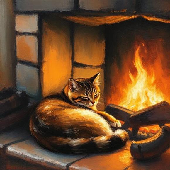 Картина маслом: уютно свернувшийся кот греется у камина в своем новом доме; символ проекта naydikoshku.me, посвященный кошкам, которые уже нашли свой дом и любящую семью