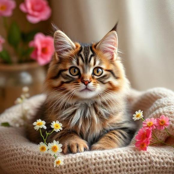 Пушистый полосатый котенок в окружении цветов; символ поиска дома кошкам в добрые руки в Московской области на naydikoshku.me