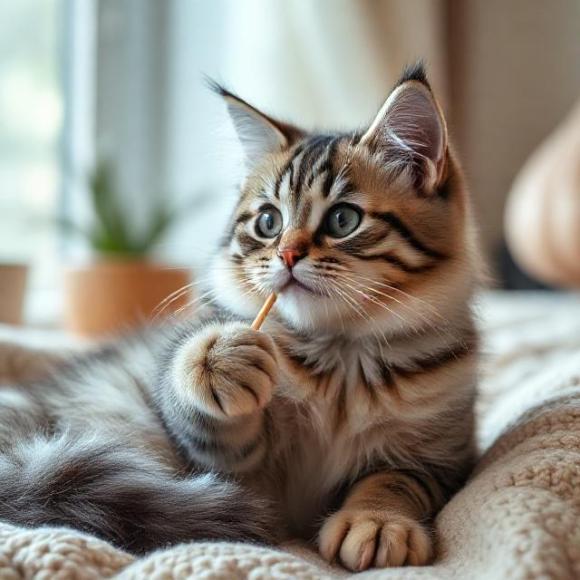 Полосатый котенок табби, задумчиво грызущий палочку у окна; символ поиска дома кошкам в добрые руки во Владимире и области на naydikoshku.me